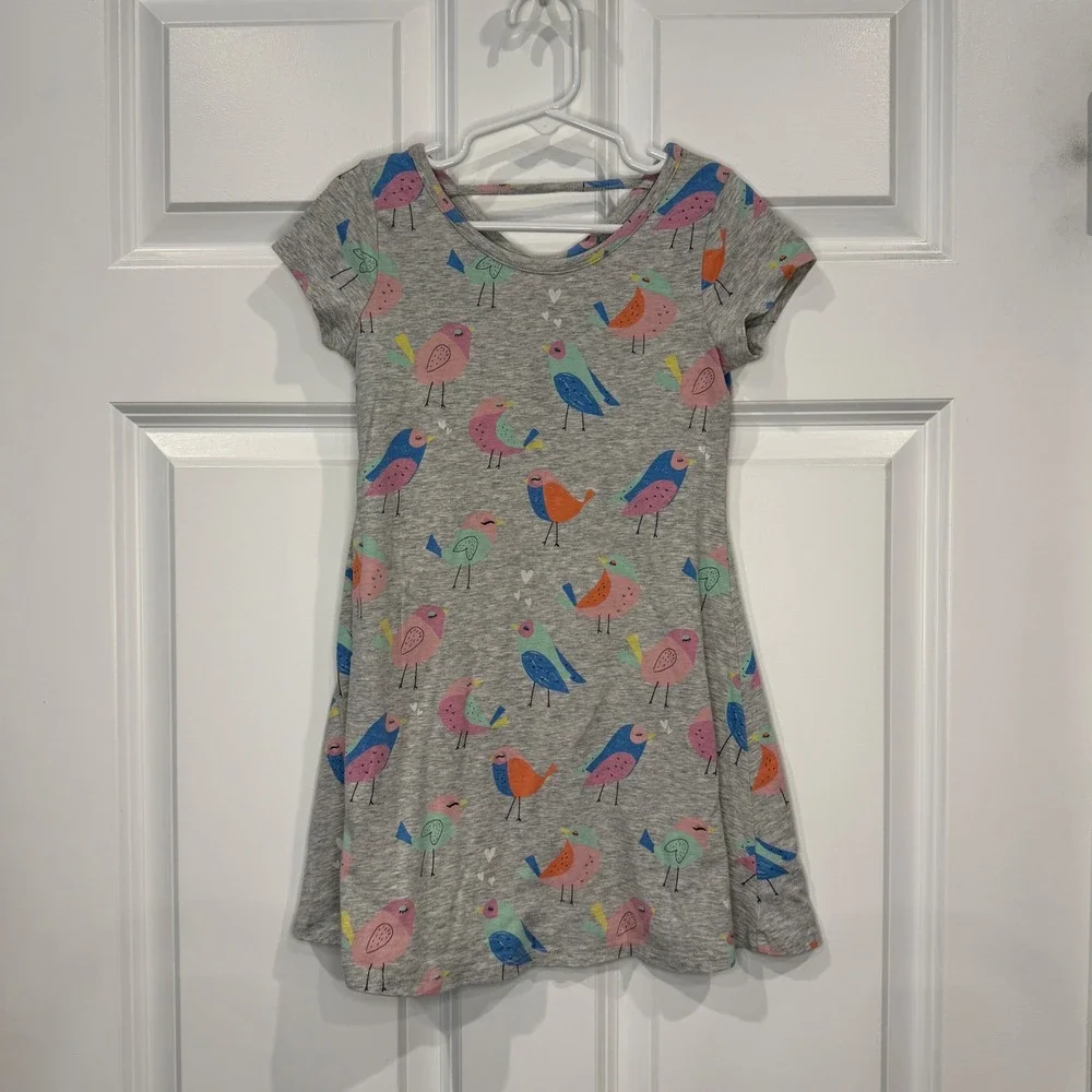 Jumping‎ Beans Girls Gray Bird Print Short Sleeve Dress Size 5